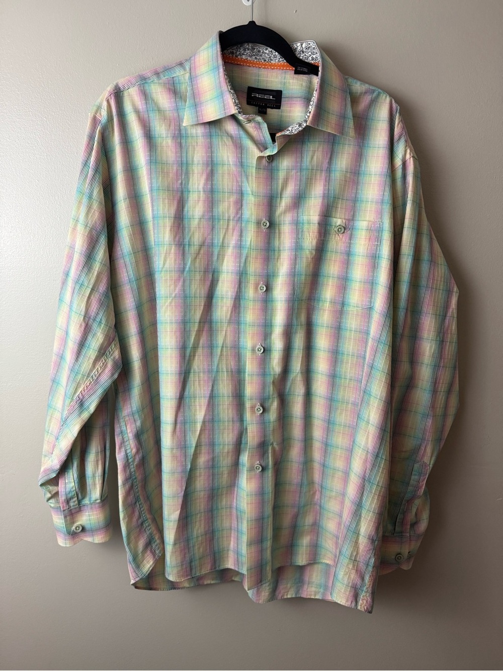 Men’s Cotton Reel Pastel Plaid Button-Down Shirt XL